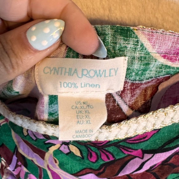 Cynthia Rowley Blouse 100% Linen Floral Boho XL Green Pink Womens - Picture 3 of 3